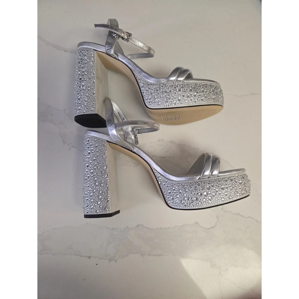 Michael Kors Silver Metallic Rhinestone Platform Block Heel Sandals Womens 9M